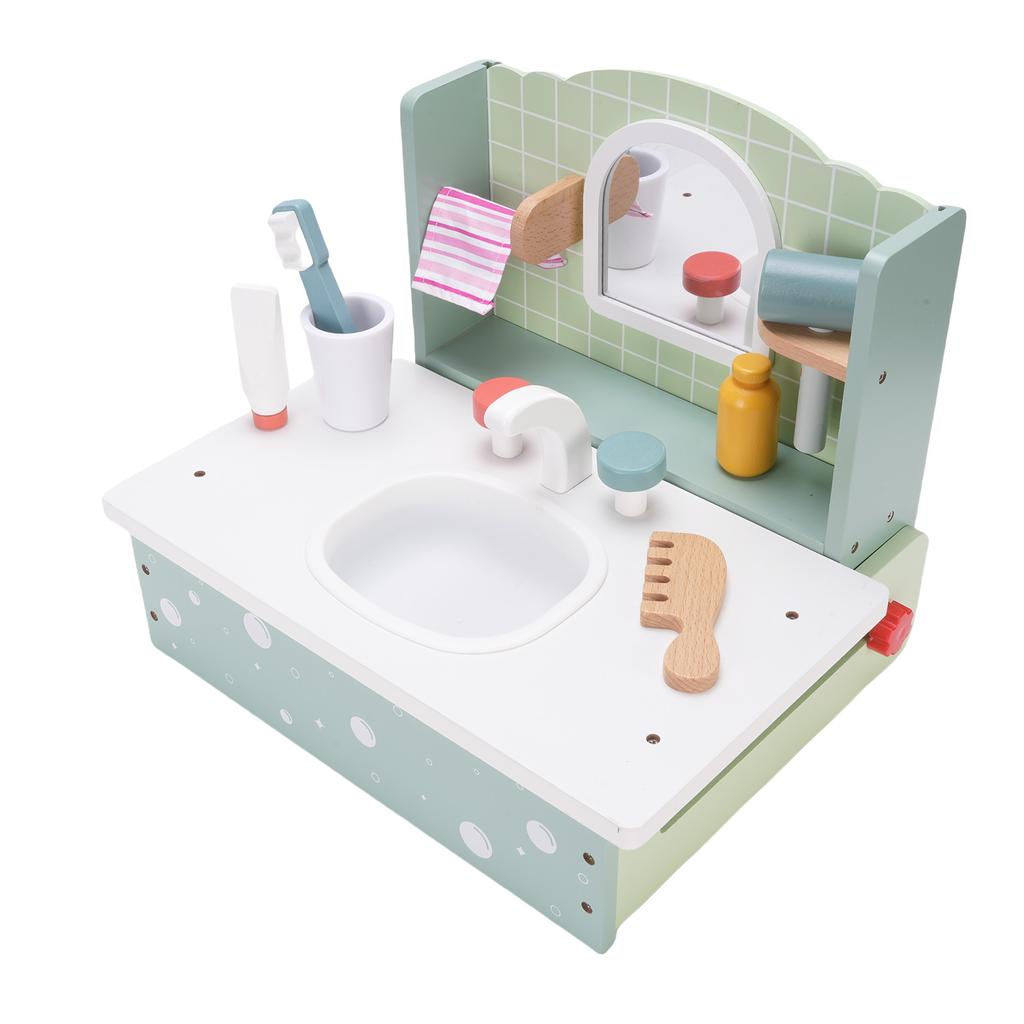 Holz Schminktisch Schminkset für Kinder Pädagogisches Rollenspiel Badezimmerwaschbecken Spielzeug mit Kamm Fön für