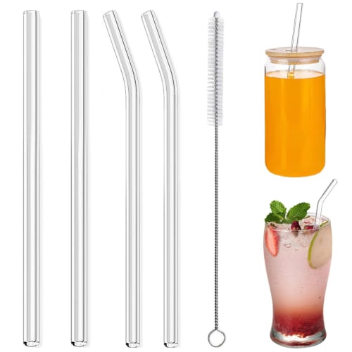 Set of 4 Glass Straws, Heat-Resistant, Washable, Reusable, Non-Toxic, Eco-Friendly, with Cleaning Brush