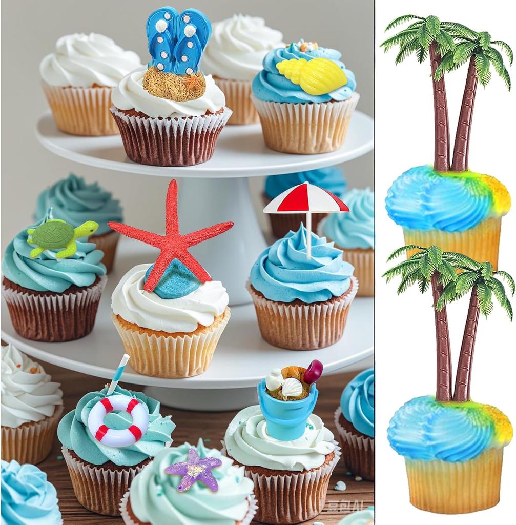 15 Pcs Summer Beach Cake Decoration Chair Palm Tree Summer Ocean Cake Toppers Hawaiian Aloha Luau Theme Decorations Supplies
