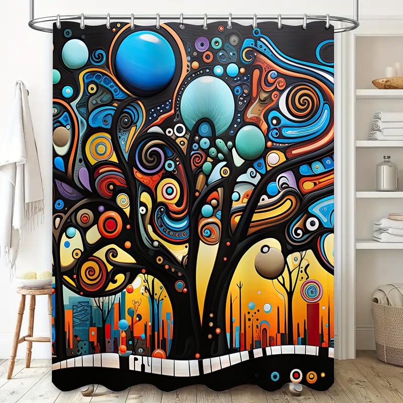 Artistic Shower Curtain Decor Abstract Tree Design With Vibrant Colors For Bathroom Decoration Printed Fabric Covering (White, 7
