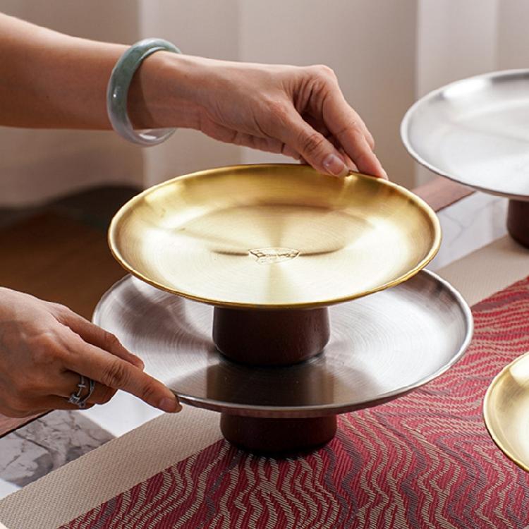 Stainless Steel High Footed Cake Storage Tray Appetizer Platter Fruit Display Plate Household Wood Base Snacks Pans