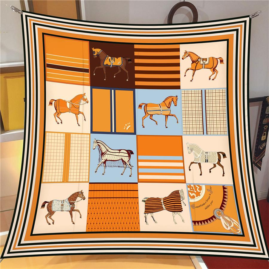 Silk Scarf Women Horse Print Square Scarves Head Echarpes Silk Foulards Femme Wraps Beach Shawl Bandana Lady Hijabs 90CM
