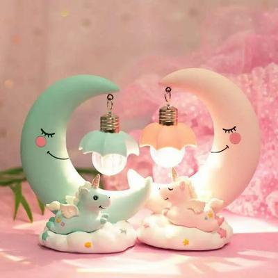 LED Nachtlicht Harz Mond Einhorn Cartoon Baby Lampe Romantische Schlafzimmer Dekor für Kinder Kind Mädchen Spielzeug Kinder Geschenk süße Licht