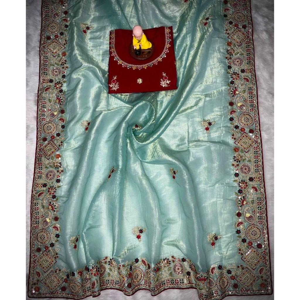 Gold Crush Fabric with C Pallu Coding Sequence  Multi Thread Embroidery Work  .all Over Sarees Butta Work and Piping Border.