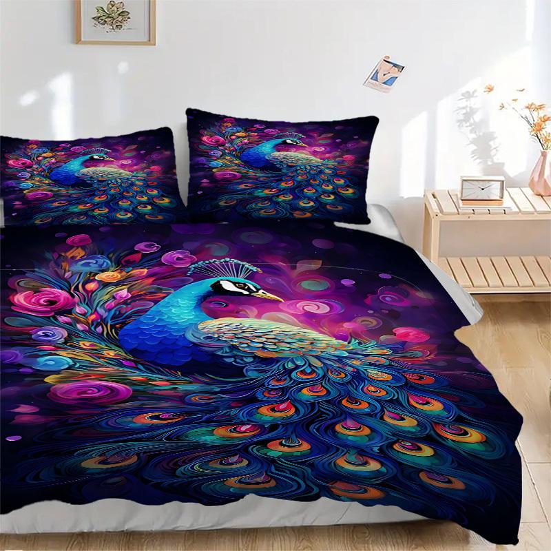 3pcs Peacock Feather Duvet Cover Set -Includes 1 Duvet Cover and 2 Pillowcases, No Quilt Core, All-Season Home Decor  yy251111192
