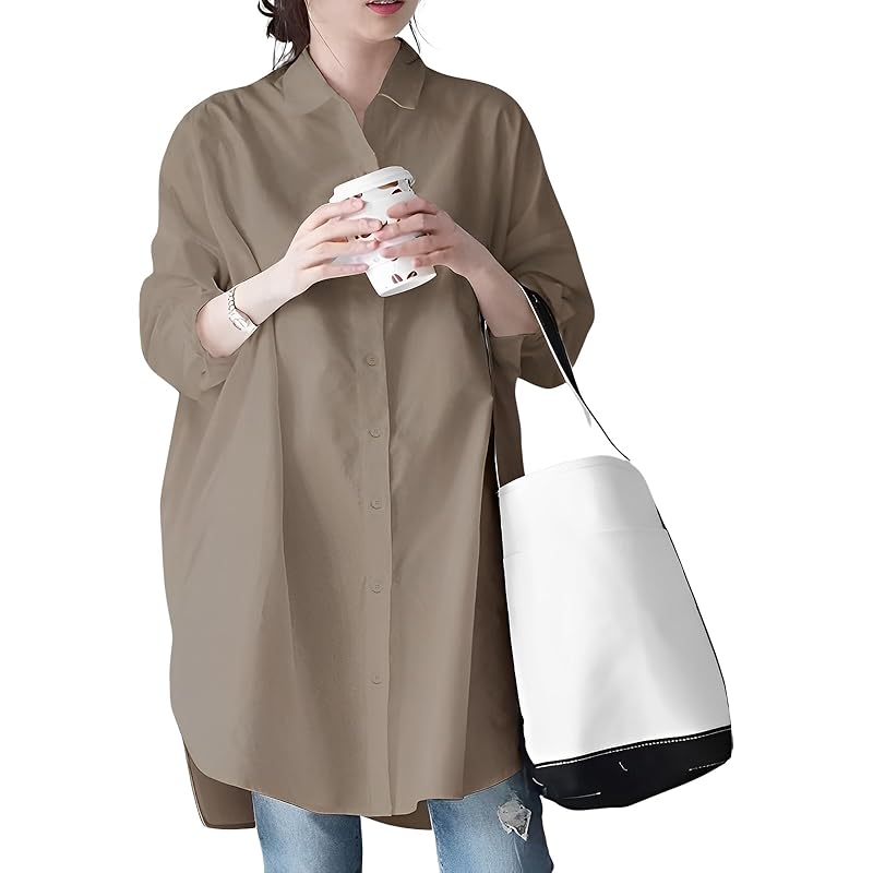 

[Doors] ladies long sleeve long dress long shirt Longish blouse Relaxing office casual shirt dress khaki 5S-D05-KHM