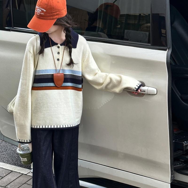 Girls' 2025 Colorblock Polo Sweater: Trendy Knitted Top for Big Kids in Korean Style