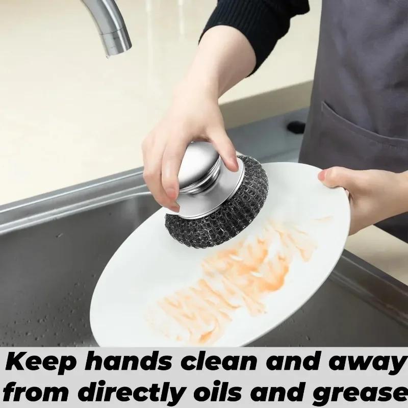 Stainless Steel Pot Brush with Handle Metal Ball Dishwashing Replacement Pans Stoves Sink Scrubbers Robust Kitchen Cleaner New