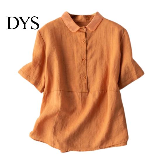 Women Shirt Casual Doll Collar Buttons Half Placket Short Blouse Sleeve Single Breasted Solid Color Loose Fit