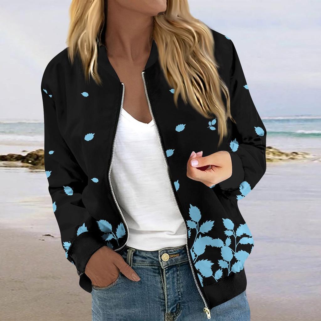 Jacken für Damen, langärmelig, leicht, mit Reißverschluss, kurzärmelig, bedruckt, lässige Steppjacken mit Taschen