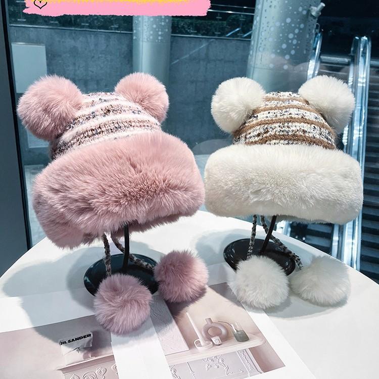 Cute Bear Wool Ball Plush Hat for Women In Autumn and Winter Thickened Warm Knitted Lei Feng Hat for Students Cold Protection Ear Protection Hat