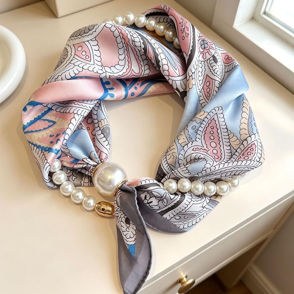 Popular Magnetic Buckle Pearl Necklace Silk Scarf Classic Striped Design Small Scarf Women's Protection Collar Anti-sun Thin Scarf