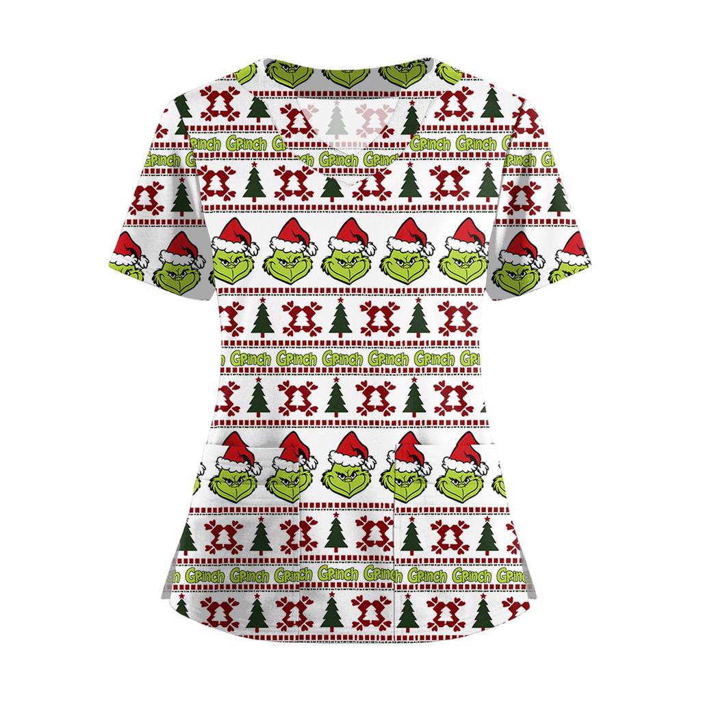 Damski T-shirt z krótkim rękawem z nadrukiem świątecznym, dekoltem w serek, zapinany na guziki z rozcięciem z boku