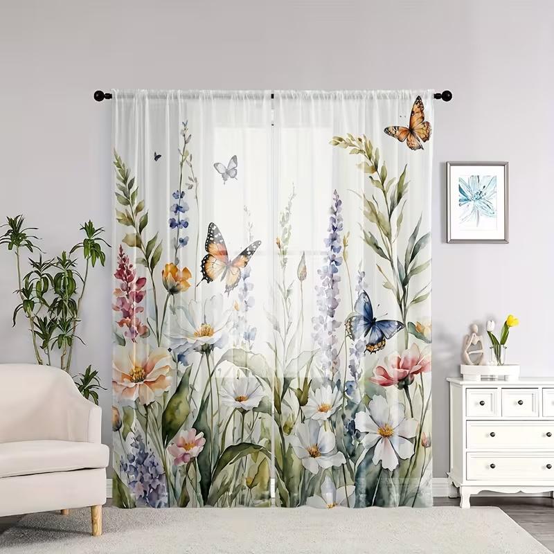 2 Pcs Butterfly Flower Print Curtains,suitable for Bedroom,living Room Kitchen Decoration,home Decoration,window Decoration