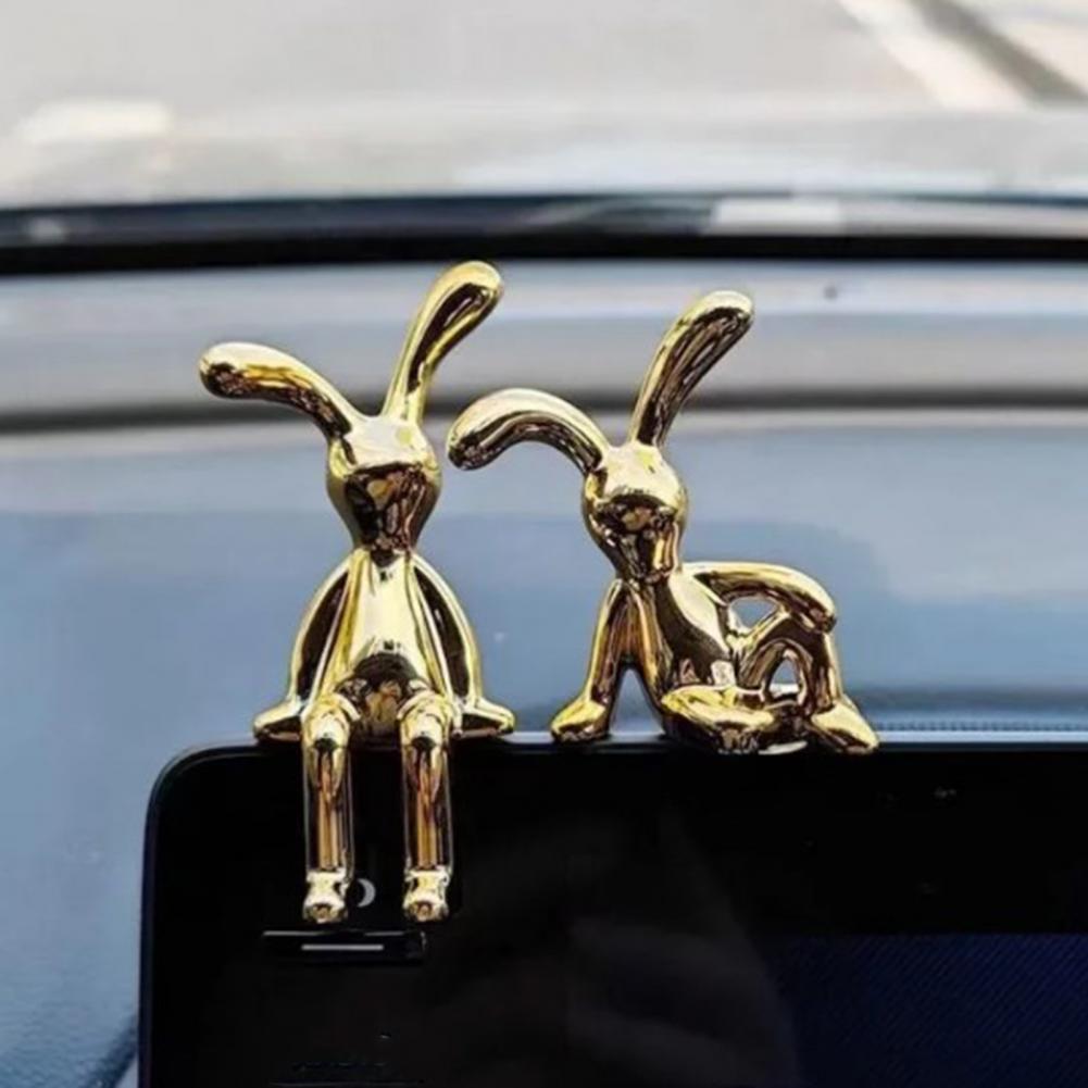 2Pcs Rabbit Figurine UV Electroplating Adhesive Sitting Long Ear Bunny Figurine Plastic Car Dashboard Decoration Christmas Gift