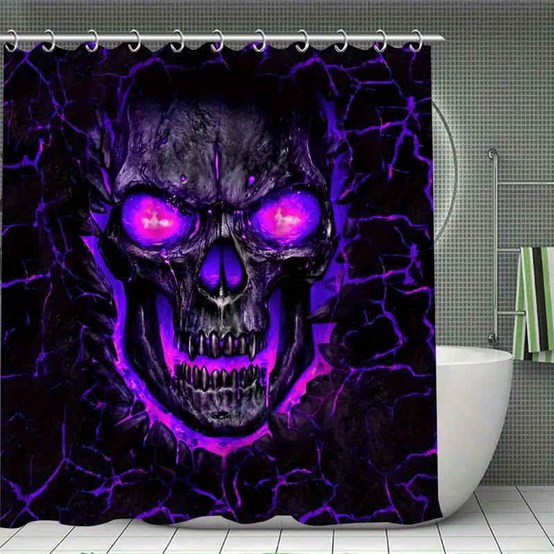 Gothic Purple-Eyed Skull Bathroom Set With Shower Curtain, Toilet Lid Cover & Mats Glowing Skull Design Dark Gothic Decor Gift