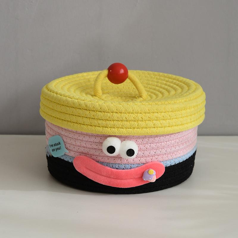Cartoon Smile Cotton Rope Woven Storage Basket with Lids Desktop Organizers for Sundries Snack Needles Kids Toys Container