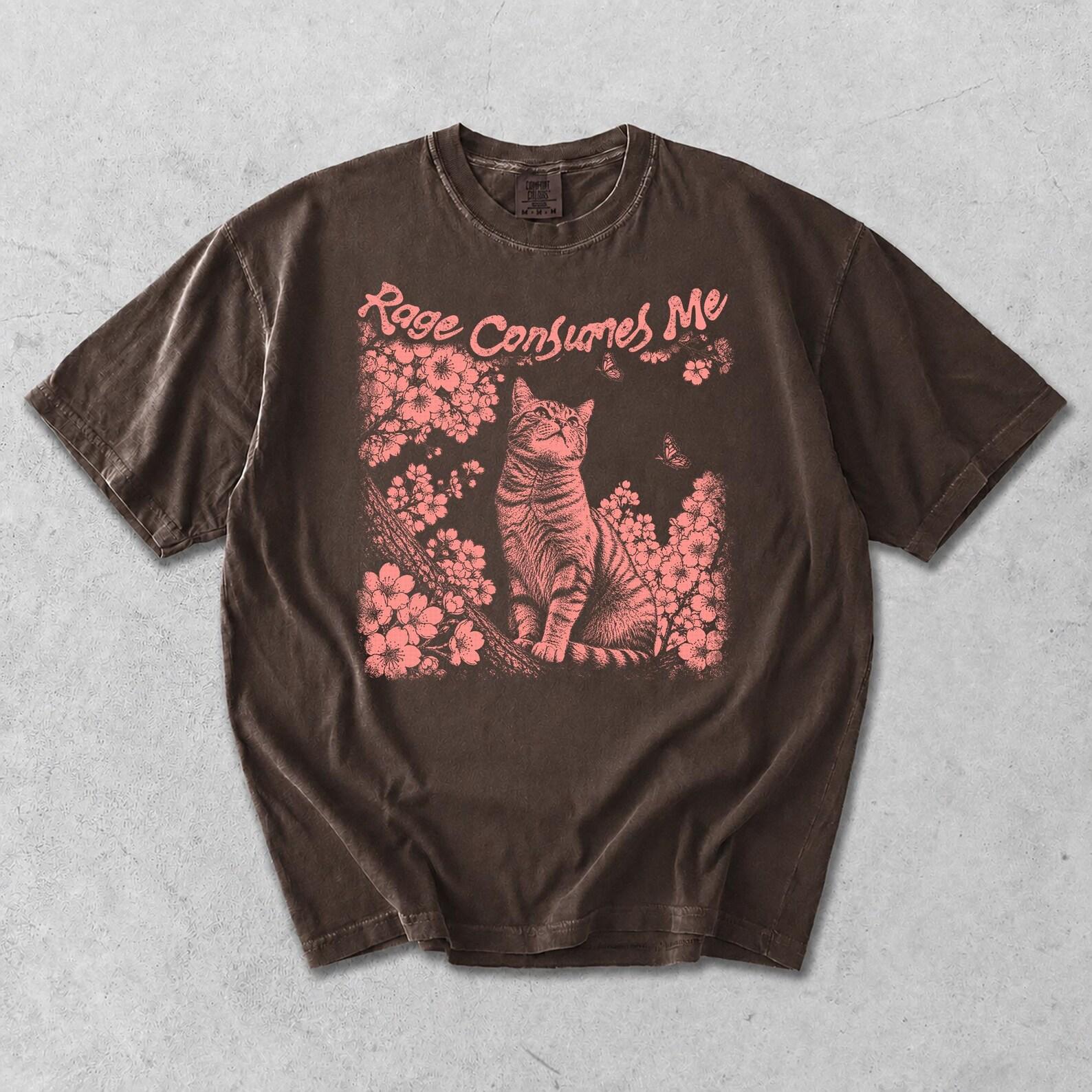 Cat Meme T-Shirt, Rage Consumes Me, Butterfly Cherry Blossom Graphic Tee 3XL