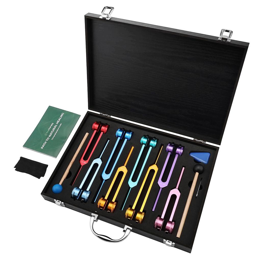 Aluminum Tuning Fork Set: Colored Eight-piece Sound Therapy with Wooden Gift Box
