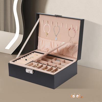 2 Tiers-Jewelry Box with Security Lock (9.1*6.7*3.5 in),Detachable Divider,PVC Travel Trinkets Organizer for Earrings,Rings