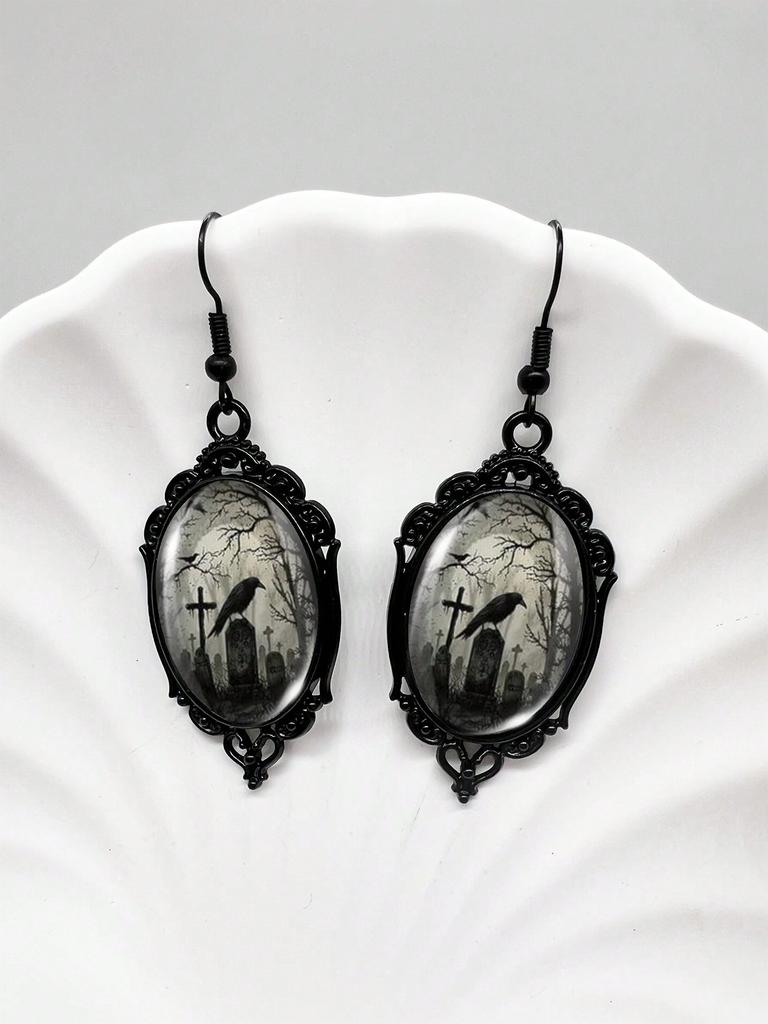 1pair Crow & Twig Vintage Black Lace Earrings For Halloween, Gothic Black Crow Earrings