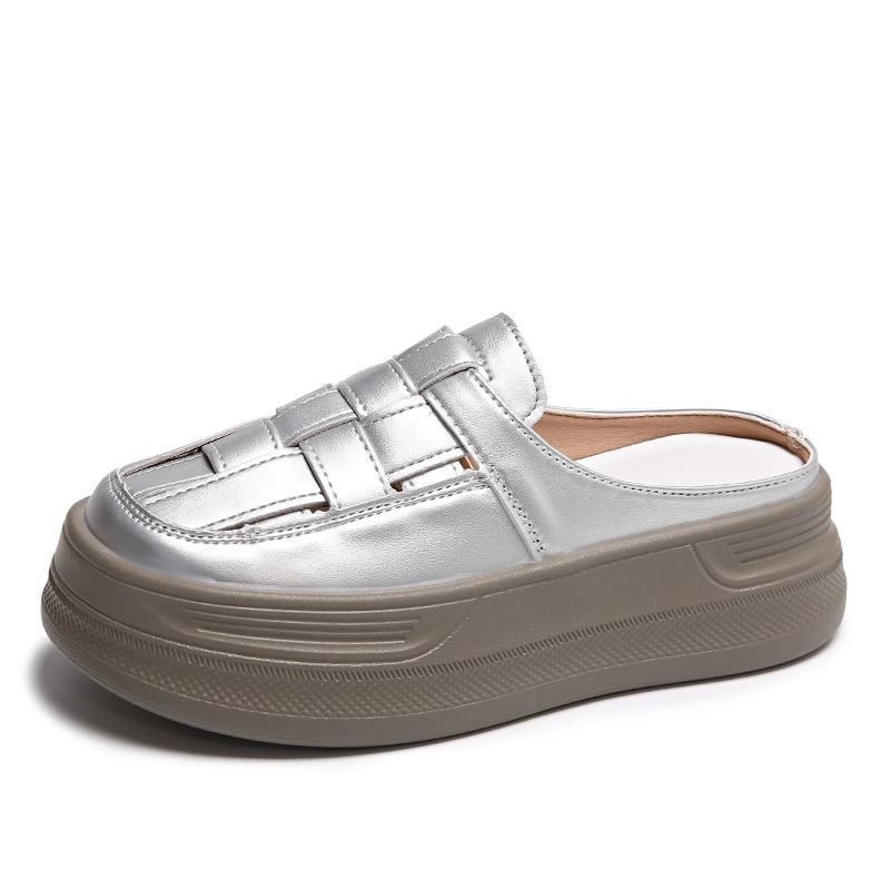 2025 New Thick-soled Heightening Half-slippers Women's Summer Outer Wear Hollowed-out One-pedal Roman Bag Head Sandals Woven Slippers