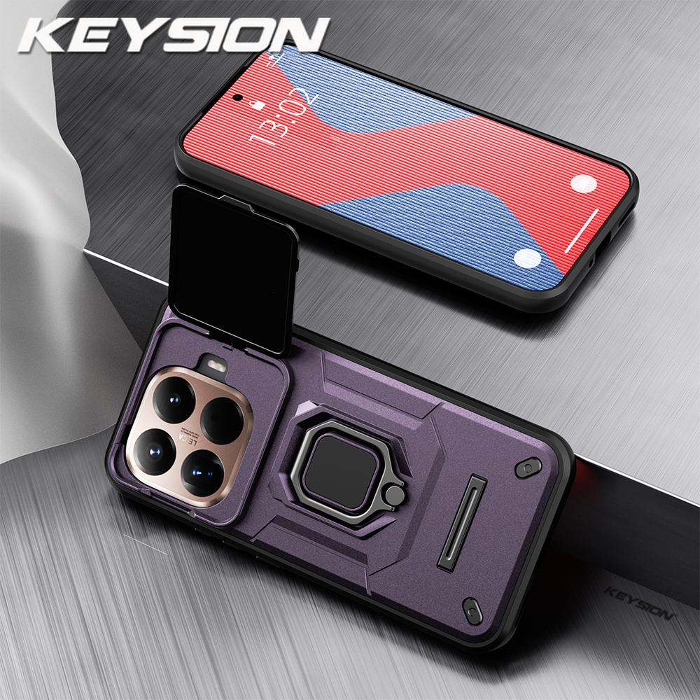KEYSION Shockproof Armor Case for Xiaomi 15T Pro 5G Slide Camera Protection Metal Ring Stand Phone Back Cover for Xiaomi 15T 5G