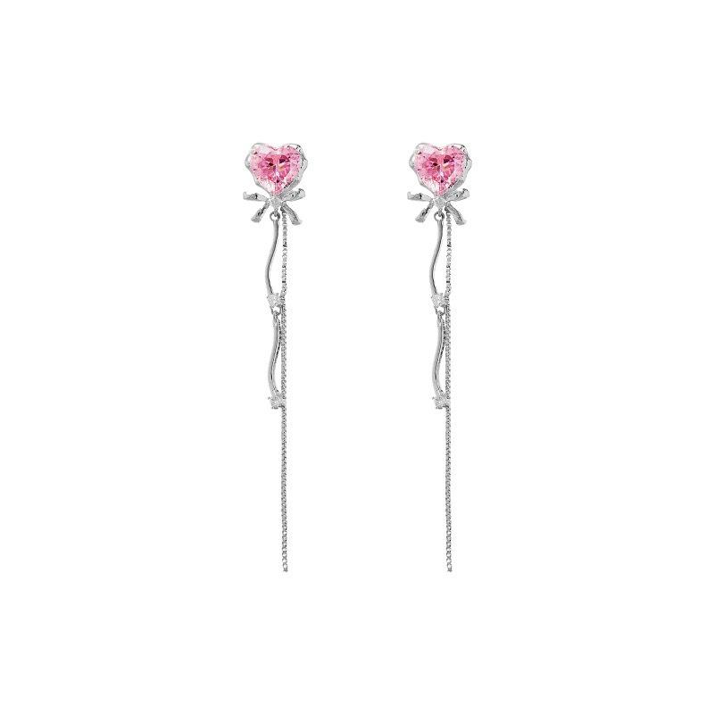 Mosquito coil disc ear clips~ Pink love zircon fringed earrings, fresh and sweet earrings, niche design long stud earrings.