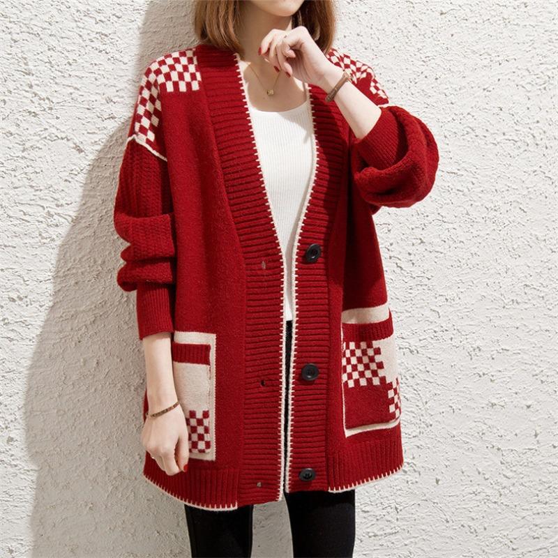 Medium and Long Spliced Plaid Knitted Cardigan Women's Autumn and Winter Collar Sweater Jacket Women's Loose Tide