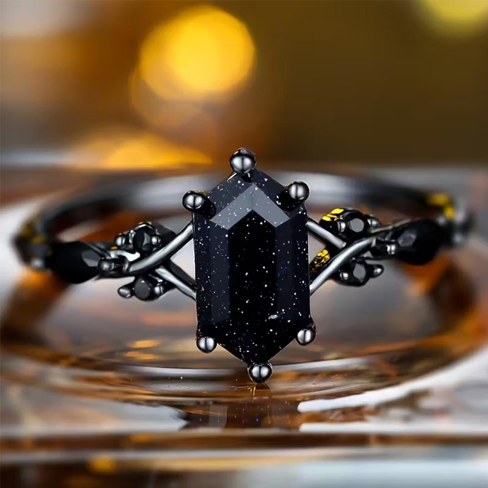 Black Gold Plated Galaxy Sandstone Ring for Women Vintage Gothic Black Crystal Engagement Ring Statement Jewelry