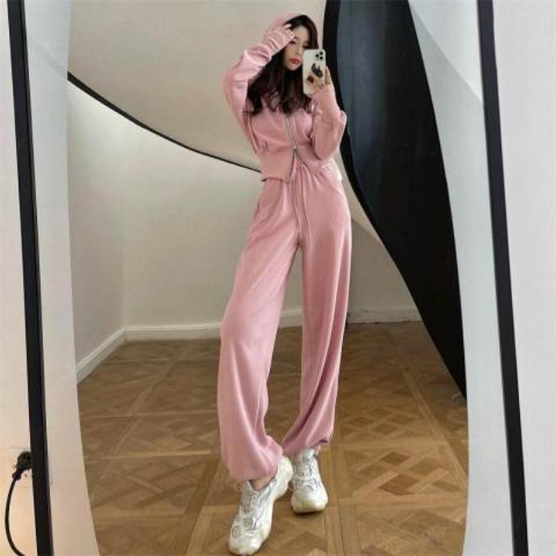 

Womens Two Piece Outfit Hooded Zip Up Crop Top Wide Leg Pants Loungewear Set M розовый