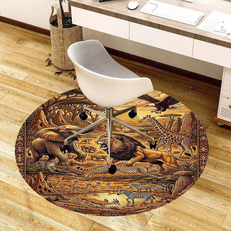 1PC African savannah animals Non-Slip Floor Round carpet, Office, family, bedroom, Large Area Rug Indoor Rugs,  Durable Polyester-L0426