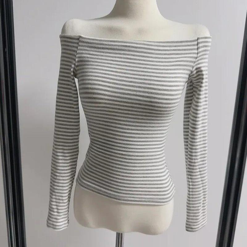 Elegant Korean One-Shoulder Striped Slim-Fit Cropped Long-Sleeve Top