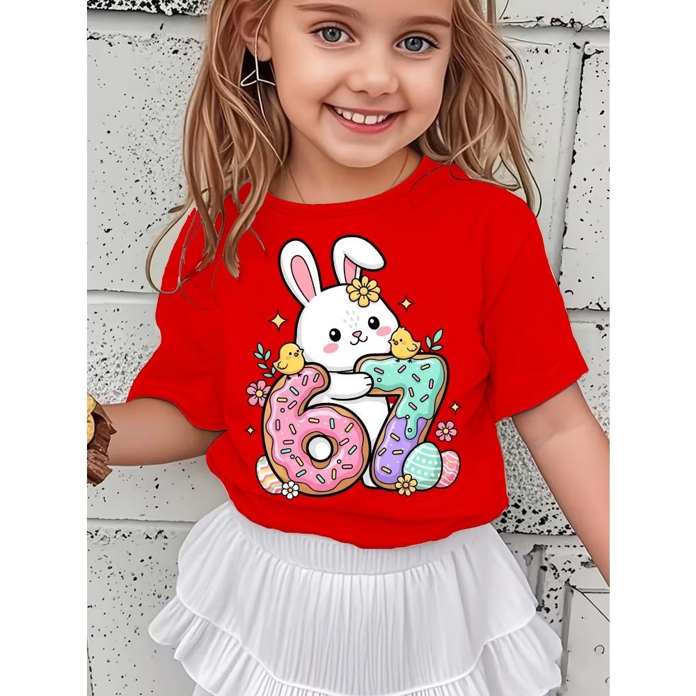 Summer 67 Digital Donut Rabbit Print Kid Polyester Tshirt Casual Girls Short Sleeved Shirts Cartoon Fashion Childrens's Clothes Top