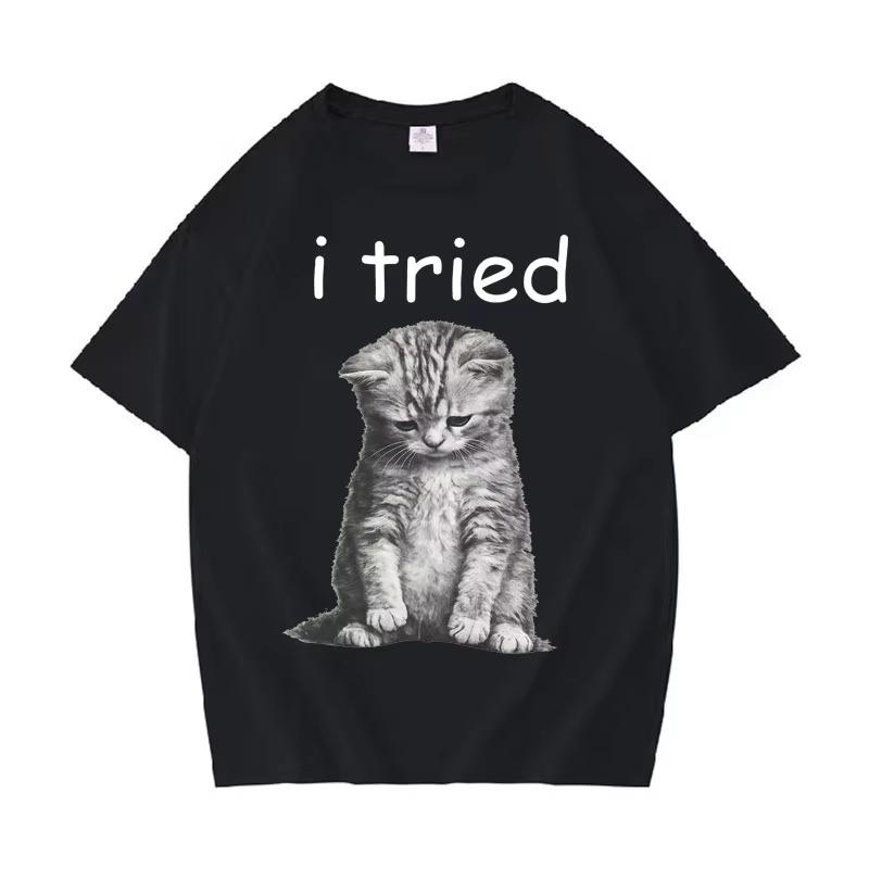 

I Tried Funny Cat Mem Harajuku Crewneck T-Shirt Men Women Casual High Quality Short Sleeve Tshirt Cotton Cozy T Shirt Streetwear S разноцветный