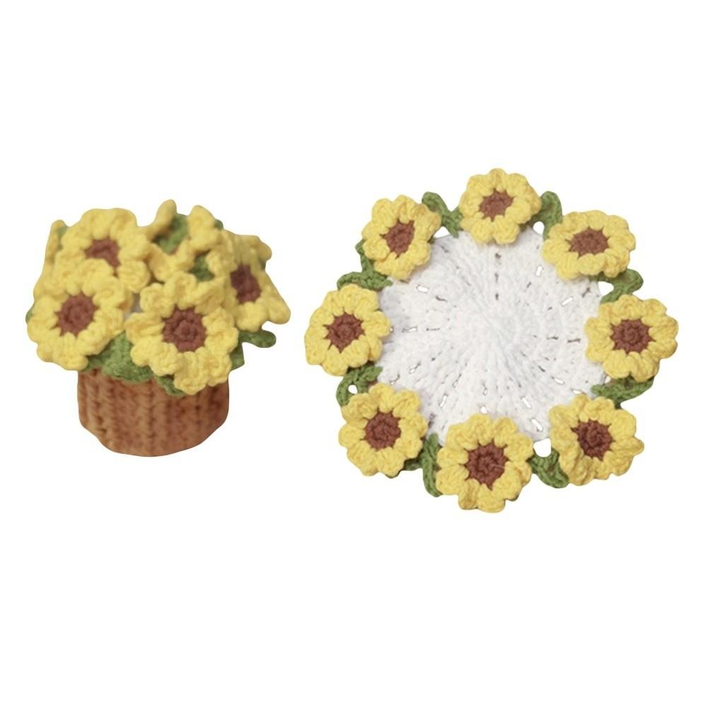 Neuer Mini-Gänseblümchen-Strauß Untersetzer Sonnenblume Waschbare Häkel-Untersetzer mit Korb Weich und Niedlich Flora Tassenunterlagen Feiertagsgeschenke