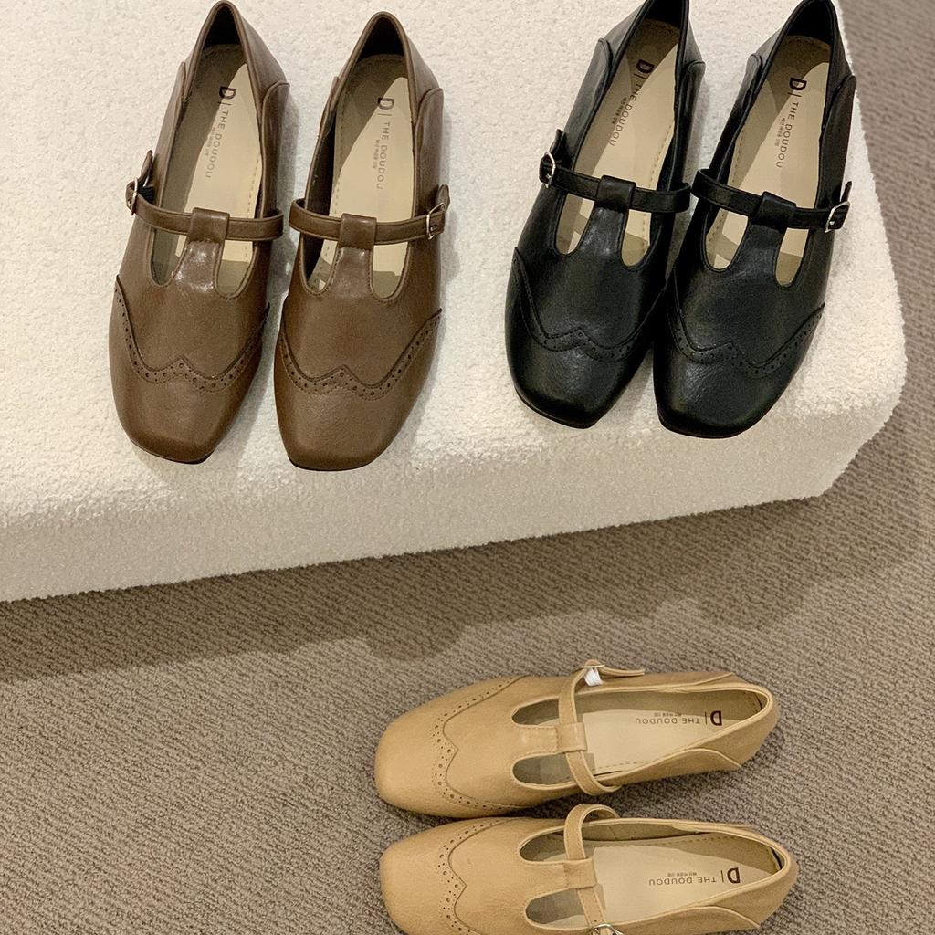 THEDOUDOU Korean Version Retro Black Small Leather Shoes Women's 2025 Autumn Flat Bottom Shallow Mouth Single Shoes Flat Bottom Mary Jane