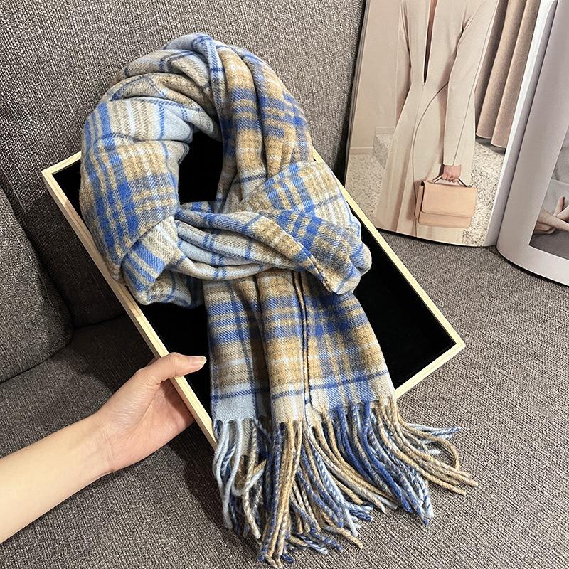 Autumn and winter new retro plaid scarf women's wool high-end student shawl thickened warm scarf
