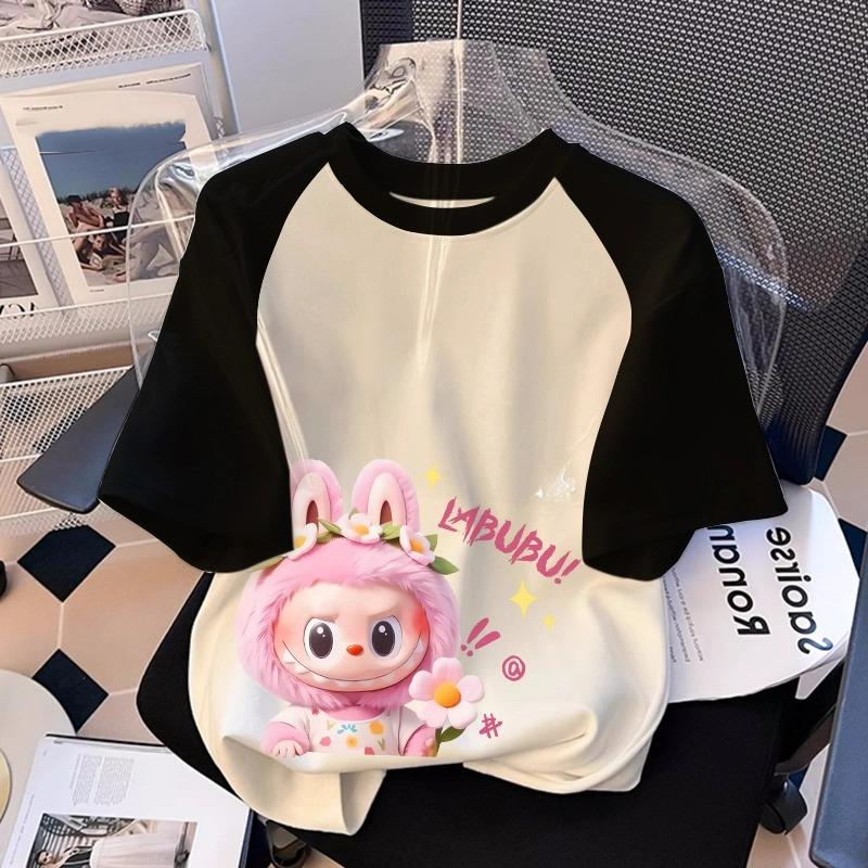 

Футболка с принтом мультяшного эльфа-монстра Labubu для детей, летняя женская повседневная уличная футболка с коротким рукавом, топ, одежда 140