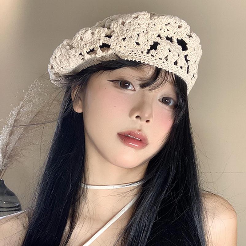 Summer Women'S Solid Color Flower Hollow Beret French Vintage Painter Hat