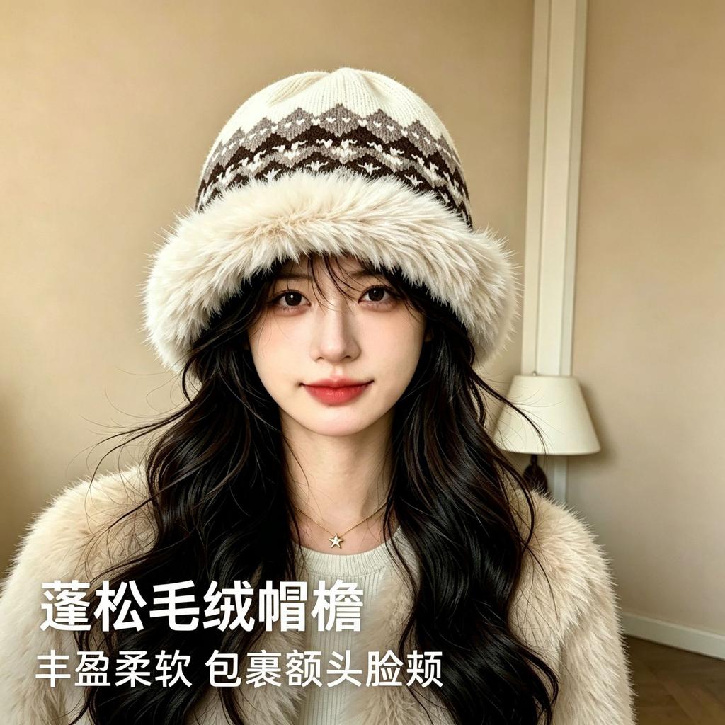 Vintage rhombus jacquard plush brim knitted hat women's winter cold wrap cheeks show small knitted bucket hat