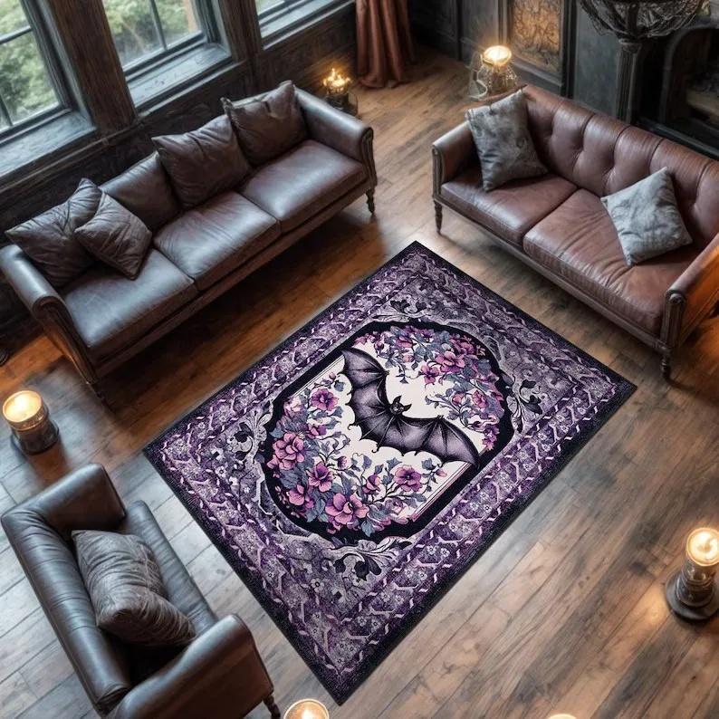 Tappetino di Benvenuto Gotico Pipistrello Decorazioni per la Casa Tappeto in Poliestere Nero e Rosso Vino Decorazioni Stanza Goth Tappeto Vittoriano per Halloween Decorazioni per la Casa
