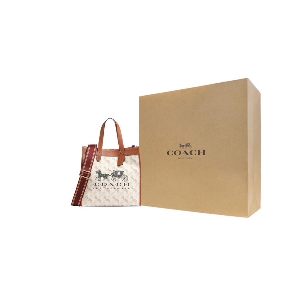 Coach Field 30 Classic Horse And Carriage Print Large Capacity Leather Tote Bag Women tote Brown White C8461-B4TXF