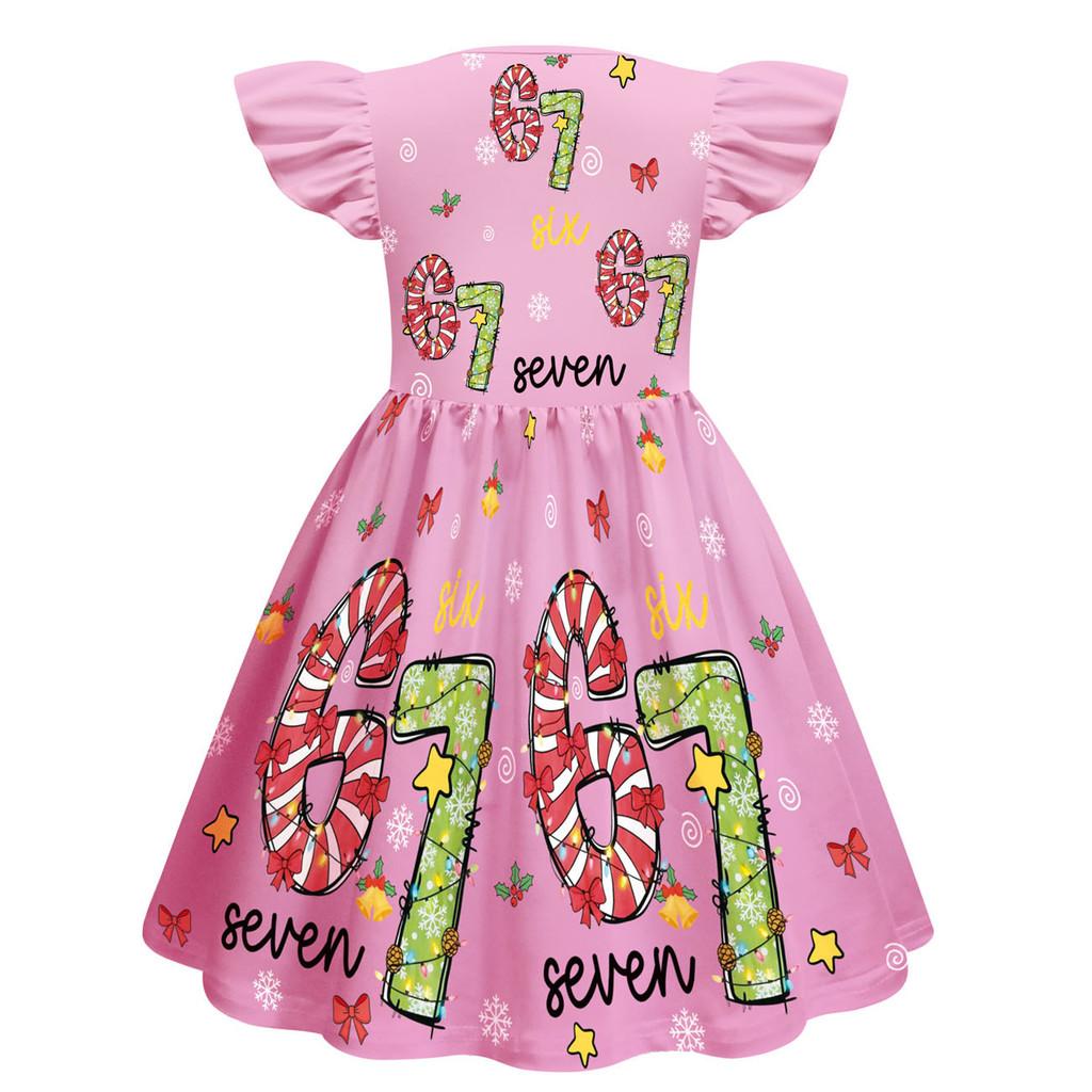 82836 Kinder Mädchen Weihnachten Steal a Brainrot 67 Six Seven Print Rüschen Ärmellos Prinzessinnenkleid