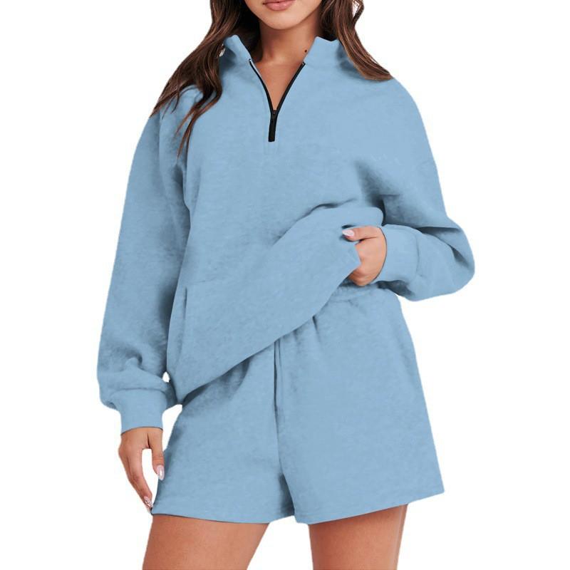 Womens Solid Color Long Sleeve Hoodie Shorts Set Winter 2026 Comfortable Casual Lounge Outfit