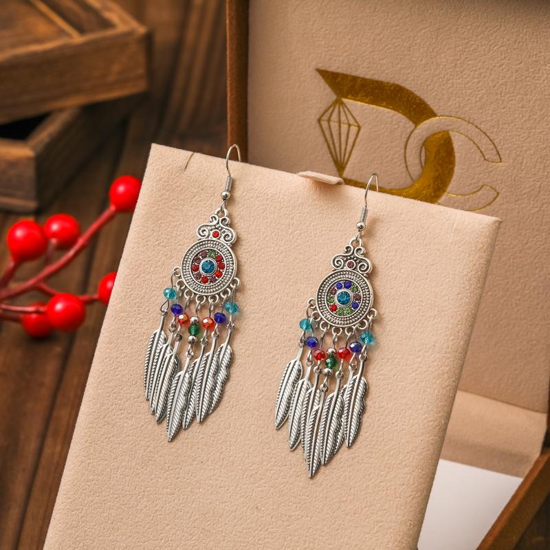 Vintage Bohemian Drop Dangle Earrings For Women Geometric Crystal Beads Handmade Leaf Tassel Ethnic Boho Beach Holiday Zircon