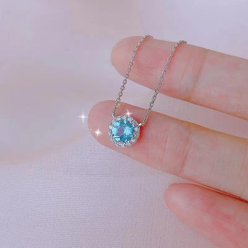 S925 Sterling Silver Crystal Blue Topaz Necklace Female Niche Design Light Luxury All-Match Clavicle Chain