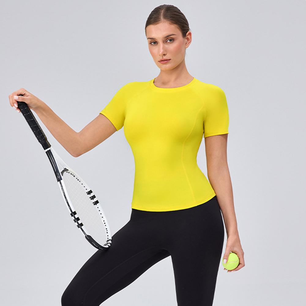Women Slim Fit Yoga Short Sleeve T-shirt High Elastic Quick Dry Round Neck Top Breathable Slimming Gym Sports Running Shirt