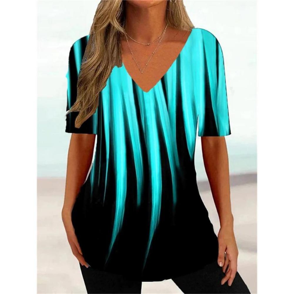 Mode Einfache Wellenkurve 3D-Druck T-Shirts Damen V-Ausschnitt Kurzarm T-Shirt Y2k Harajuku T-Shirts Lässige Tops Damenbekleidung