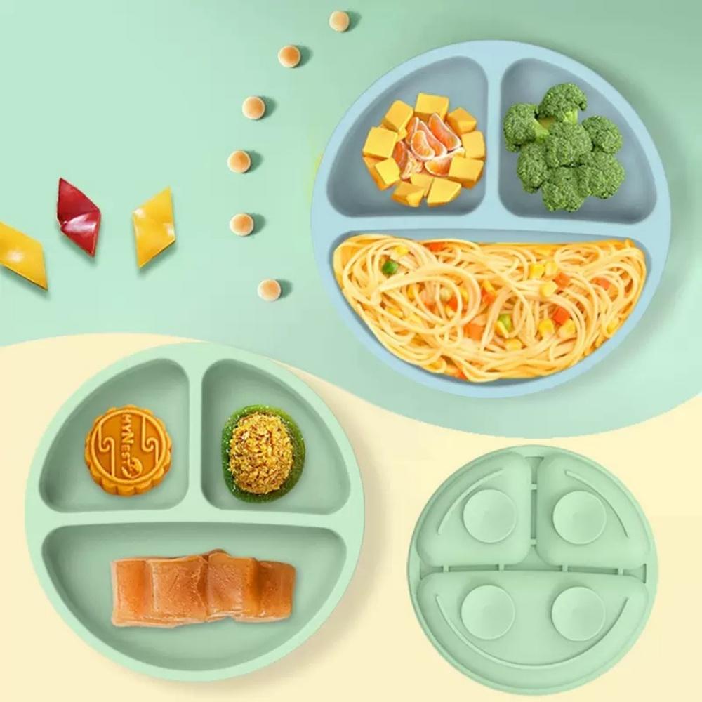 Round Silicone Meal Tray Food-Grade Three-Compartment Suction Cup Design Shatter-Resistant & Heat-Resistant Baby Food Tray